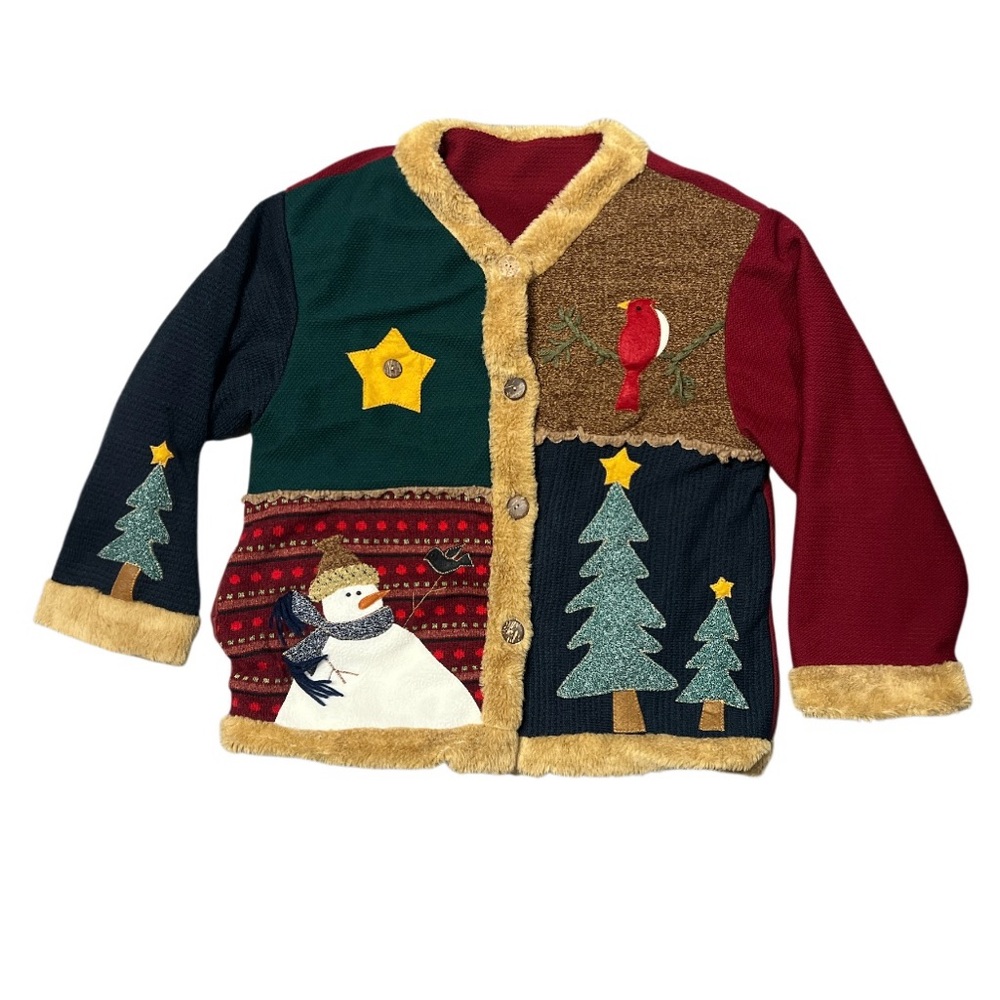 Retro Ugly Christmas Sweater Cardigan – Crafted Details & Cozy Pocket One Size